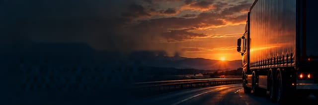 A truck on the highway at sunset