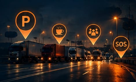 Trucks on a highway in the evening with parking, coffee, company and SOS pins