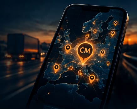 A smartphone showing a map of Europe with the ConvoyMeet pin