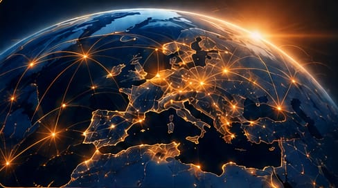 Europe at night seen from space, with glowing roads
