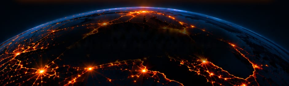 Europe at night seen from space, with glowing roads
