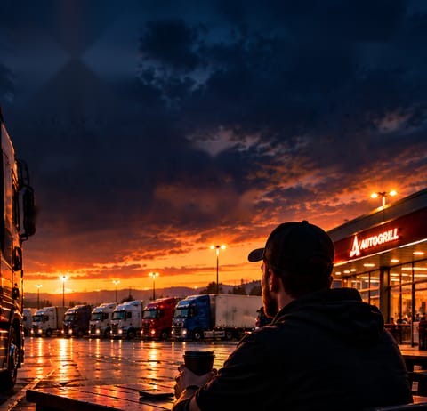 A driver with a coffee looking at a truck stop at sunset